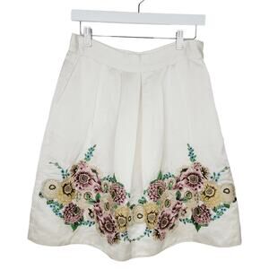 Biya Johnny Was Floral Embroidered Pleated A-line Silk Blend Skirt - Size S